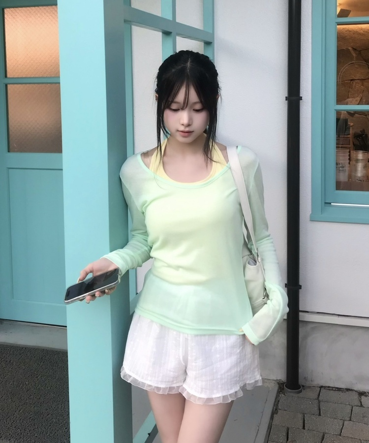 【SET】홀터 나시+ 브이넥 시어 긴팔 탑 민트