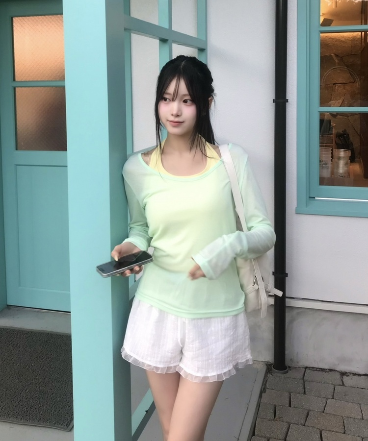 【SET】홀터 나시+ 브이넥 시어 긴팔 탑 민트