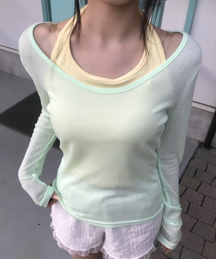 【SET】홀터 나시+ 브이넥 시어 긴팔 탑 민트