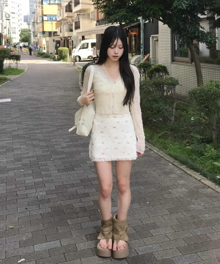 진주 버튼 시스루 셔링 가디건 아이보리