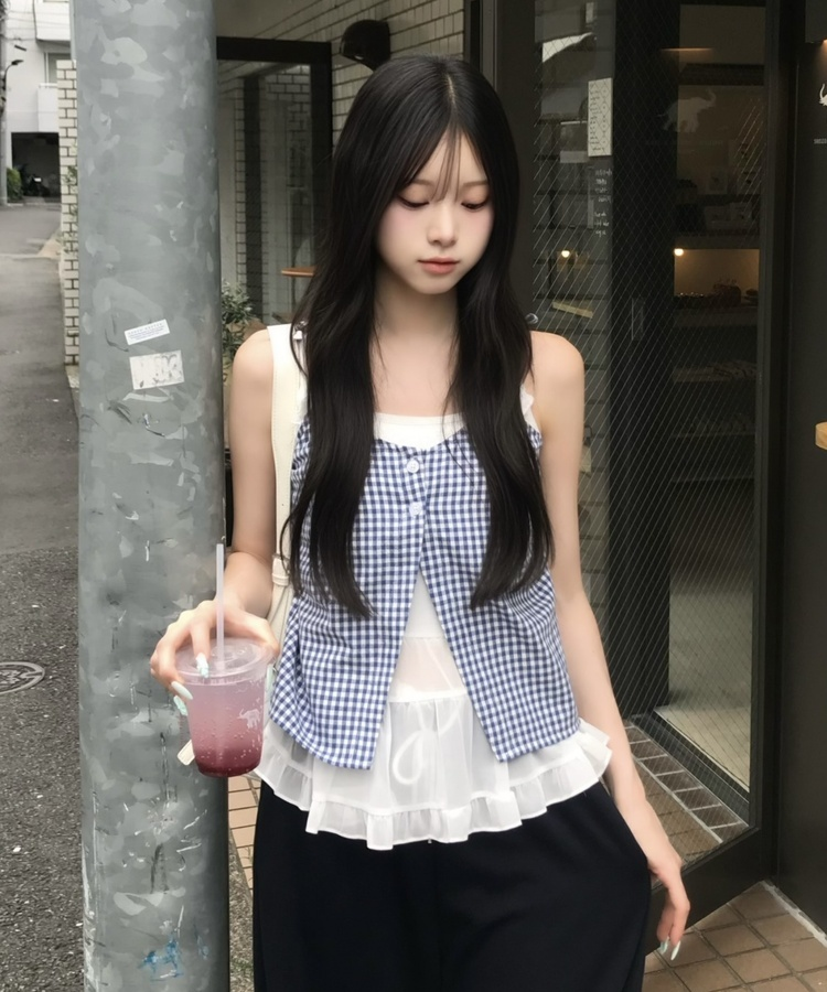 체크 프릴 레이어드 나시 블라우스 아쿠아블루