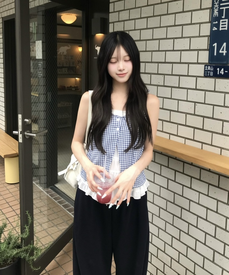 체크 프릴 레이어드 나시 블라우스 아쿠아블루