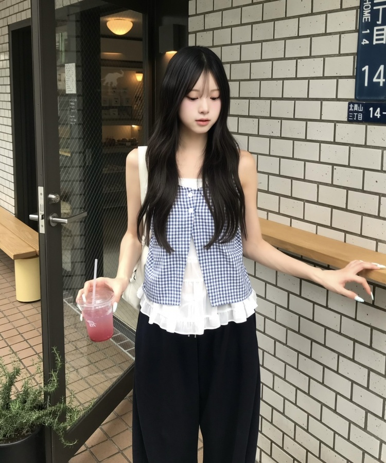체크 프릴 레이어드 나시 블라우스 아쿠아블루