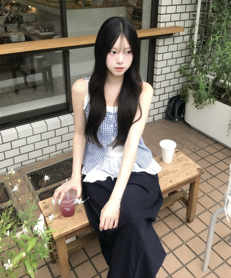 체크 프릴 레이어드 나시 블라우스 아쿠아블루