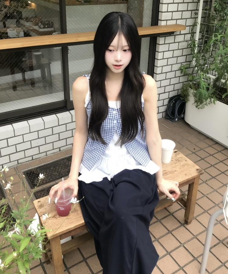 체크 프릴 레이어드 나시 블라우스 아쿠아블루