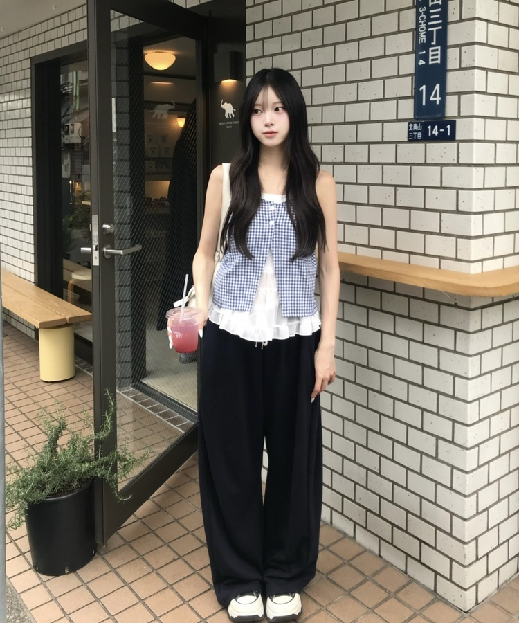 체크 프릴 레이어드 나시 블라우스 아쿠아블루