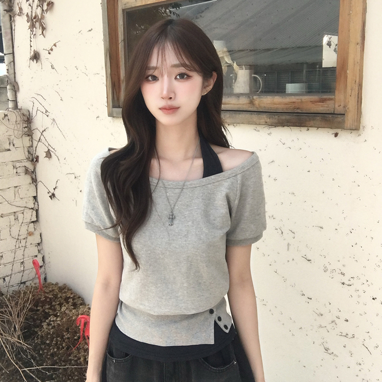 미쯔 오프숄더 여름 루즈핏 반팔 맨투맨 세트 홀터넥 나시 반팔 티셔츠 버튼 오버핏 반팔티 데일리 보트넥 상의 4color 그레이