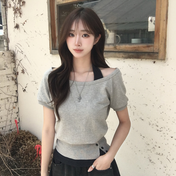 미쯔 오프숄더 여름 루즈핏 반팔 맨투맨 세트 홀터넥 나시 반팔 티셔츠 버튼 오버핏 반팔티 데일리 보트넥 상의 4color 그레이