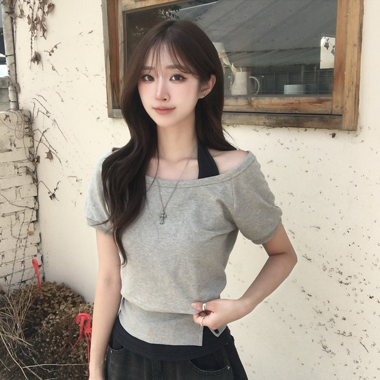미쯔 오프숄더 여름 루즈핏 반팔 맨투맨 세트 홀터넥 나시 반팔 티셔츠 버튼 오버핏 반팔티 데일리 보트넥 상의 4color 그레이