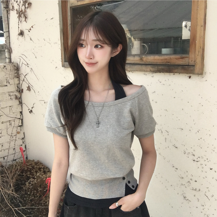 미쯔 오프숄더 여름 루즈핏 반팔 맨투맨 세트 홀터넥 나시 반팔 티셔츠 버튼 오버핏 반팔티 데일리 보트넥 상의 4color 그레이