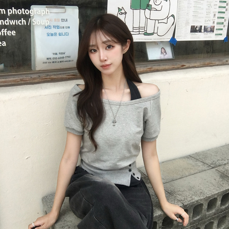 미쯔 오프숄더 여름 루즈핏 반팔 맨투맨 세트 홀터넥 나시 반팔 티셔츠 버튼 오버핏 반팔티 데일리 보트넥 상의 4color 그레이