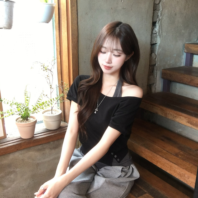 미쯔 오프숄더 여름 루즈핏 반팔 맨투맨 세트 홀터넥 나시 반팔 티셔츠 버튼 오버핏 반팔티 데일리 보트넥 상의 4color 블랙
