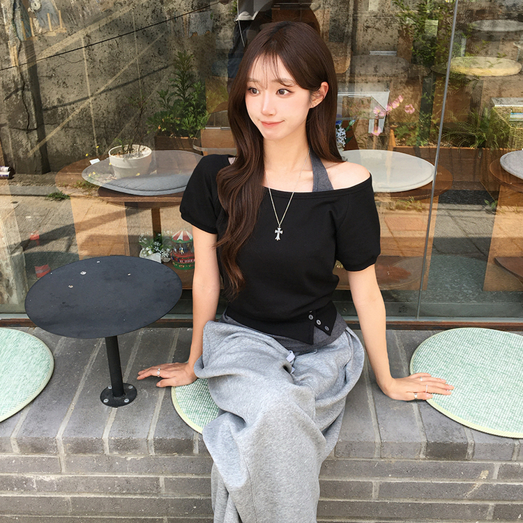 미쯔 오프숄더 여름 루즈핏 반팔 맨투맨 세트 홀터넥 나시 반팔 티셔츠 버튼 오버핏 반팔티 데일리 보트넥 상의 4color 블랙