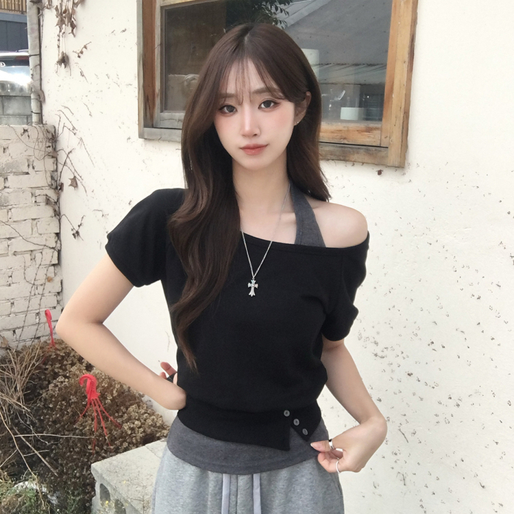 미쯔 오프숄더 여름 루즈핏 반팔 맨투맨 세트 홀터넥 나시 반팔 티셔츠 버튼 오버핏 반팔티 데일리 보트넥 상의 4color 블랙