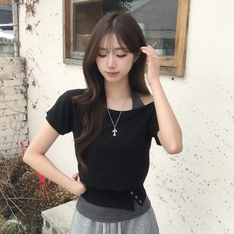 미쯔 오프숄더 여름 루즈핏 반팔 맨투맨 세트 홀터넥 나시 반팔 티셔츠 버튼 오버핏 반팔티 데일리 보트넥 상의 4color 블랙