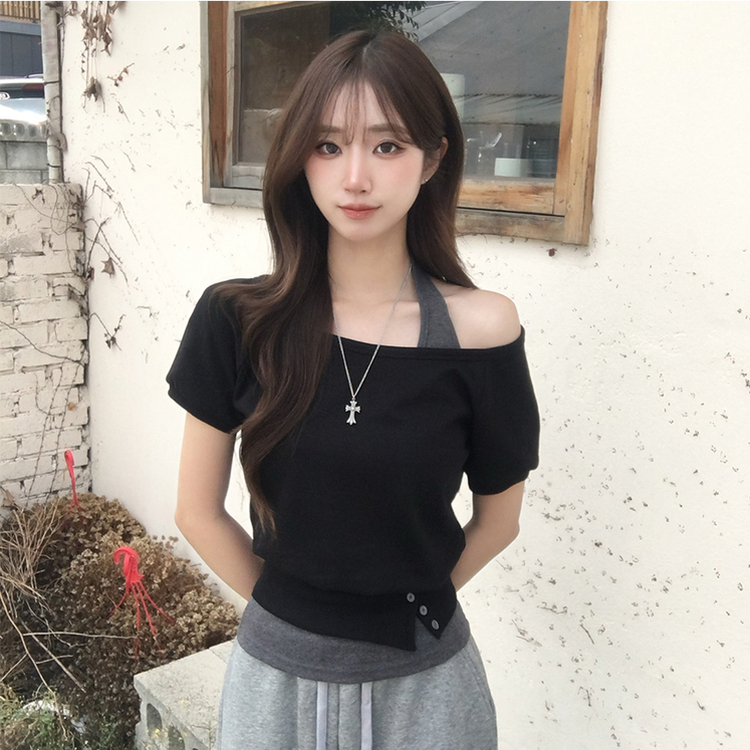 미쯔 오프숄더 여름 루즈핏 반팔 맨투맨 세트 홀터넥 나시 반팔 티셔츠 버튼 오버핏 반팔티 데일리 보트넥 상의 4color 블랙