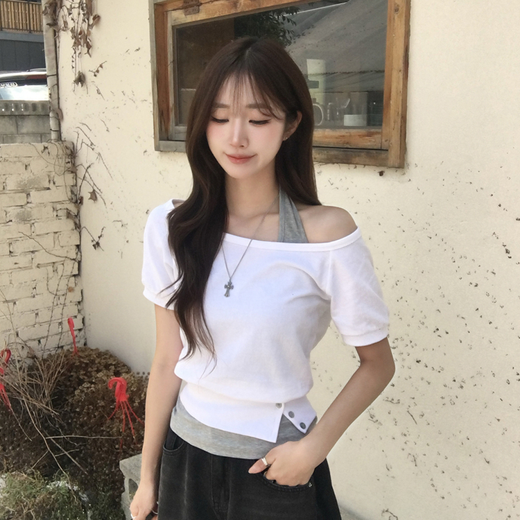 미쯔 오프숄더 여름 루즈핏 반팔 맨투맨 세트 홀터넥 나시 반팔 티셔츠 버튼 오버핏 반팔티 데일리 보트넥 상의 4color 화이트