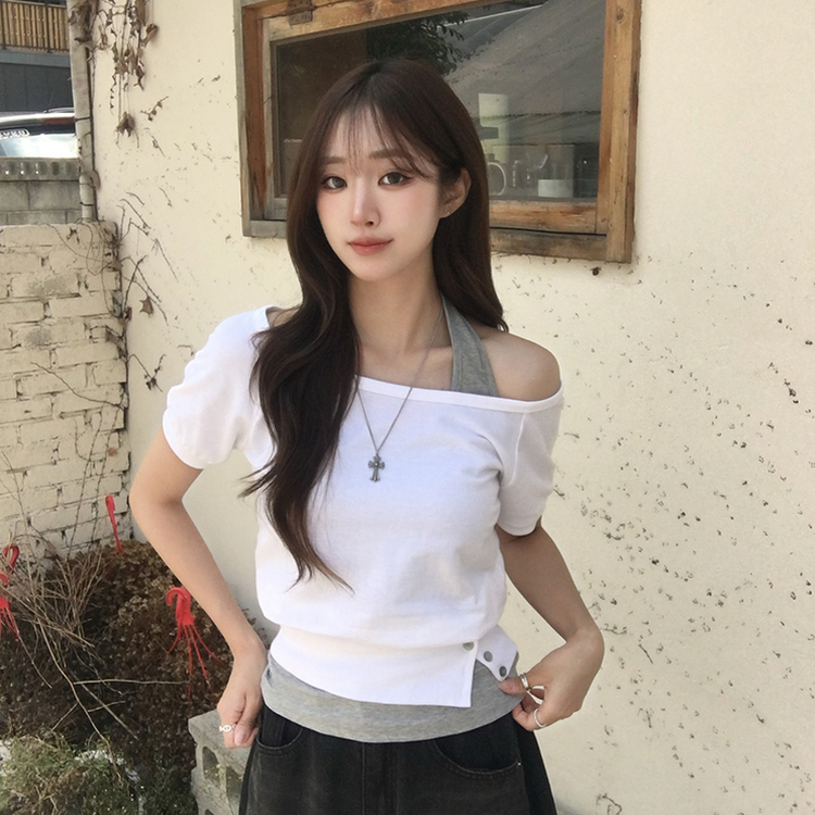 미쯔 오프숄더 여름 루즈핏 반팔 맨투맨 세트 홀터넥 나시 반팔 티셔츠 버튼 오버핏 반팔티 데일리 보트넥 상의 4color 화이트
