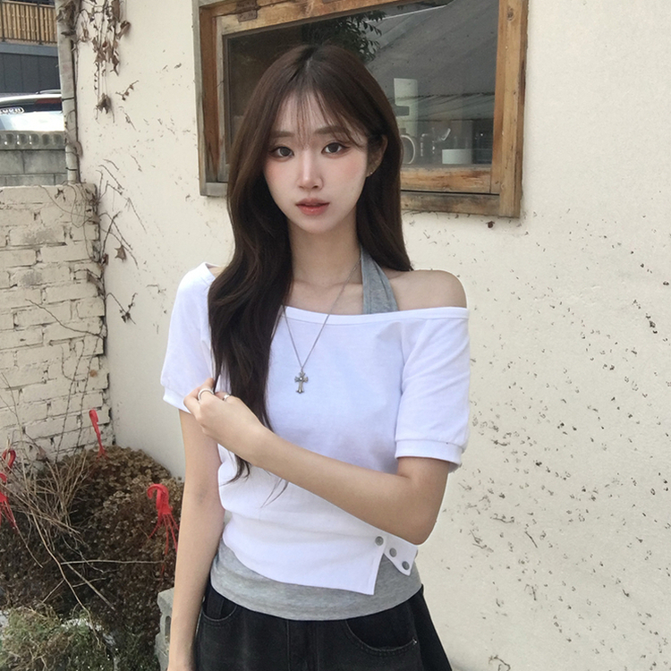 미쯔 오프숄더 여름 루즈핏 반팔 맨투맨 세트 홀터넥 나시 반팔 티셔츠 버튼 오버핏 반팔티 데일리 보트넥 상의 4color 화이트