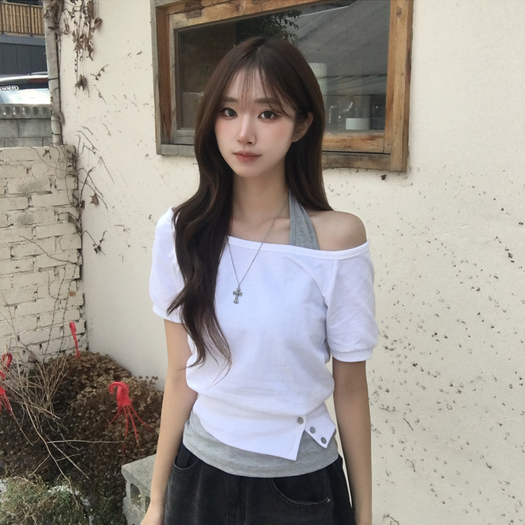 미쯔 오프숄더 여름 루즈핏 반팔 맨투맨 세트 홀터넥 나시 반팔 티셔츠 버튼 오버핏 반팔티 데일리 보트넥 상의 4color 화이트