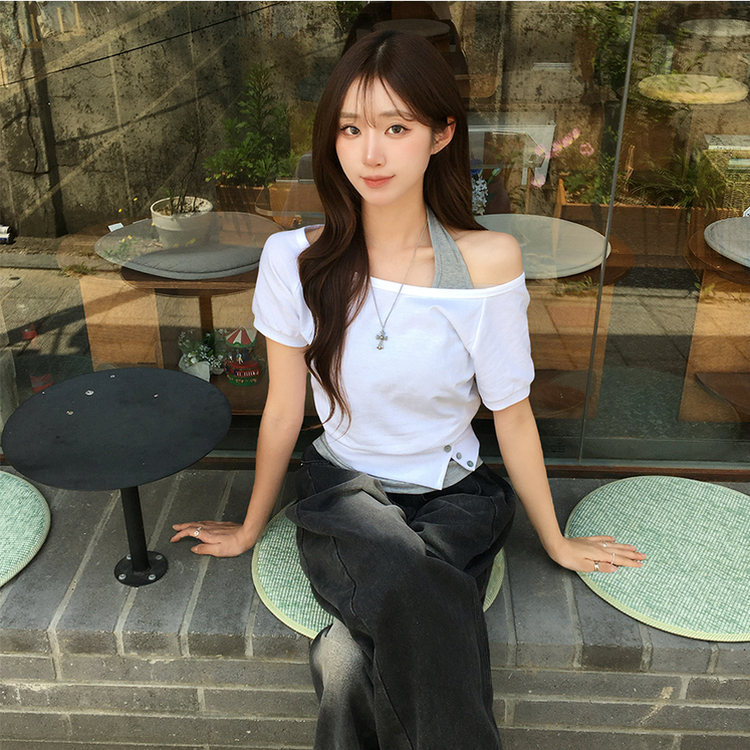 미쯔 오프숄더 여름 루즈핏 반팔 맨투맨 세트 홀터넥 나시 반팔 티셔츠 버튼 오버핏 반팔티 데일리 보트넥 상의 4color 화이트