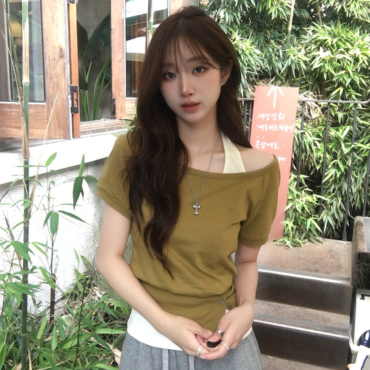 미쯔 오프숄더 여름 루즈핏 반팔 맨투맨 세트 홀터넥 나시 반팔 티셔츠 버튼 오버핏 반팔티 데일리 보트넥 상의 4color 올리브