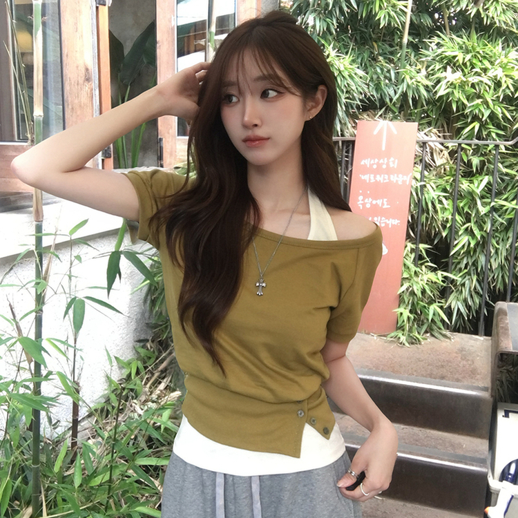 미쯔 오프숄더 여름 루즈핏 반팔 맨투맨 세트 홀터넥 나시 반팔 티셔츠 버튼 오버핏 반팔티 데일리 보트넥 상의 4color 올리브