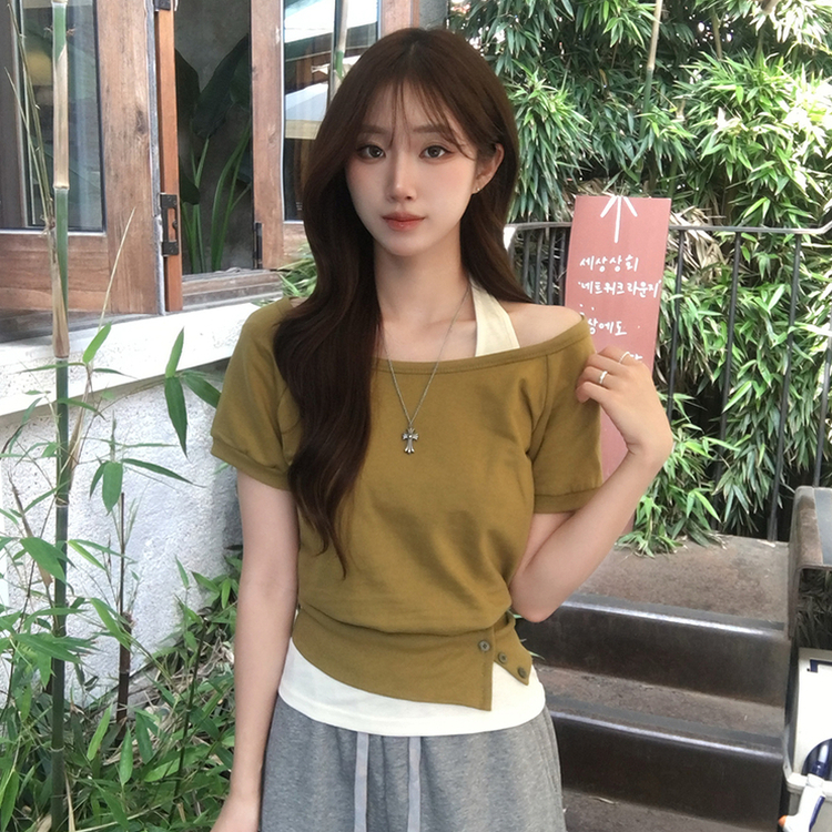 미쯔 오프숄더 여름 루즈핏 반팔 맨투맨 세트 홀터넥 나시 반팔 티셔츠 버튼 오버핏 반팔티 데일리 보트넥 상의 4color 올리브