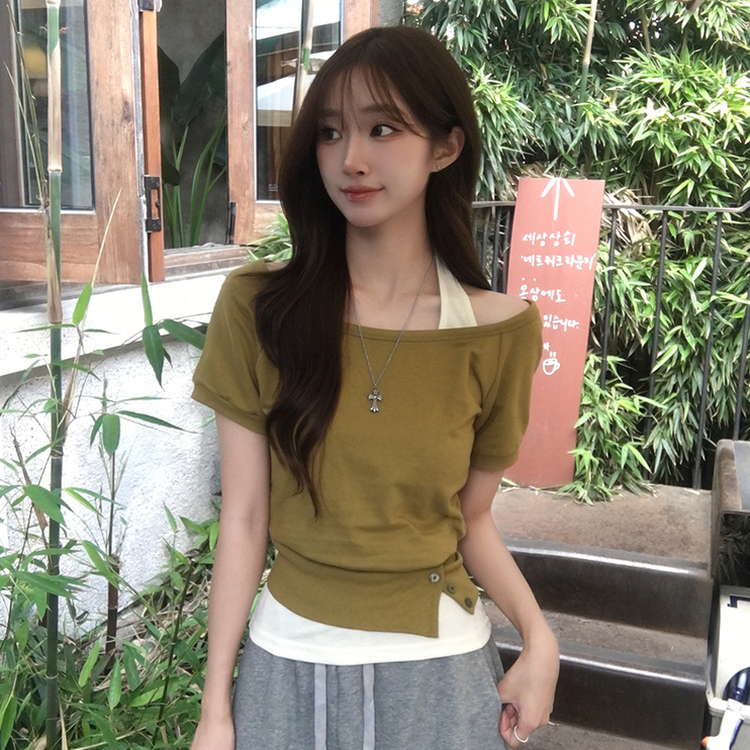 미쯔 오프숄더 여름 루즈핏 반팔 맨투맨 세트 홀터넥 나시 반팔 티셔츠 버튼 오버핏 반팔티 데일리 보트넥 상의 4color 올리브