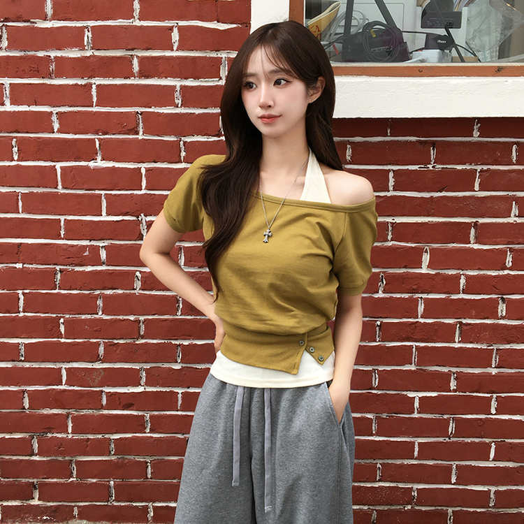 미쯔 오프숄더 여름 루즈핏 반팔 맨투맨 세트 홀터넥 나시 반팔 티셔츠 버튼 오버핏 반팔티 데일리 보트넥 상의 4color 올리브