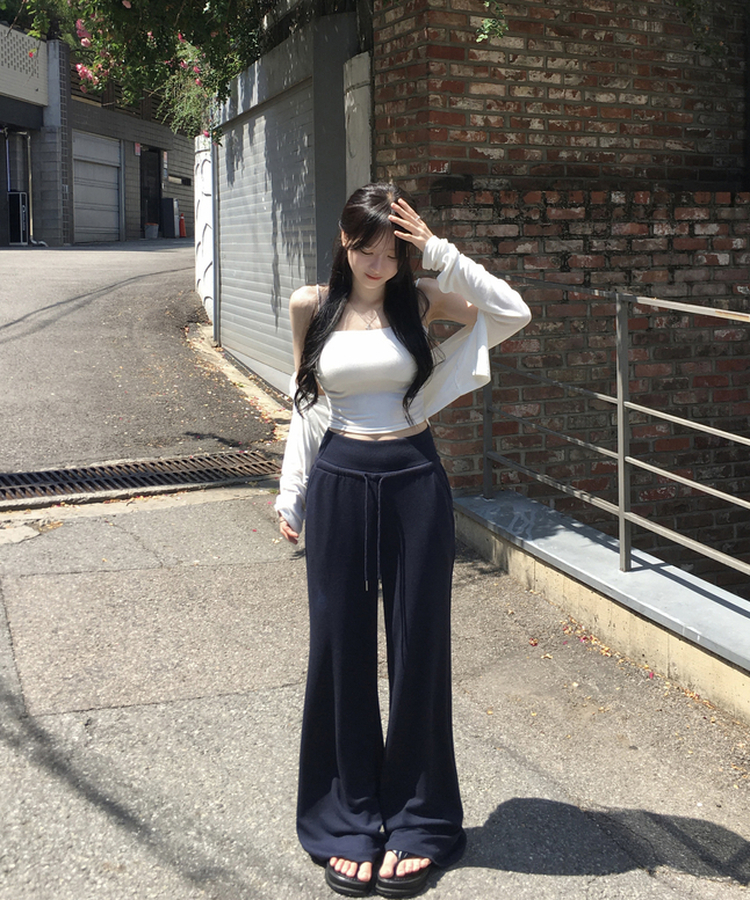에어매쉬 베킨 하이웨스트 밴딩 트레이닝 팬츠 세미부츠컷 바지 롱팬츠 쿨링 폴딩 끈조절 뒷포켓 츄리닝 데일리 핀터 꾸안꾸 여름신상여름팬츠여름바지 네이비