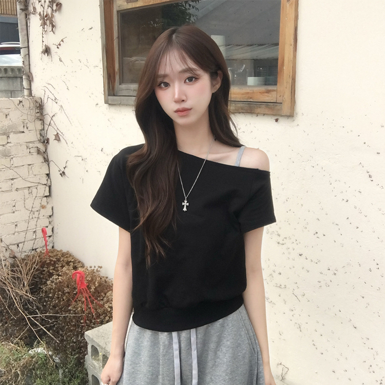 홀리 오프숄더 사선 언발 여름 반팔 티셔츠 오버핏 보트넥 반팔티 맨투맨 루즈핏 데일리 상의 3color 블랙