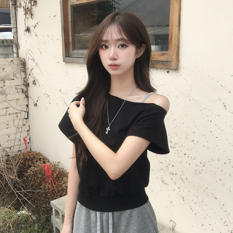 홀리 오프숄더 사선 언발 여름 반팔 티셔츠 오버핏 보트넥 반팔티 맨투맨 루즈핏 데일리 상의 3color 블랙