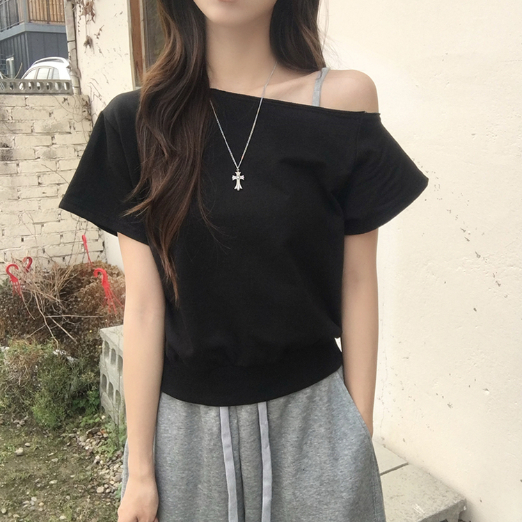 홀리 오프숄더 사선 언발 여름 반팔 티셔츠 오버핏 보트넥 반팔티 맨투맨 루즈핏 데일리 상의 3color 블랙