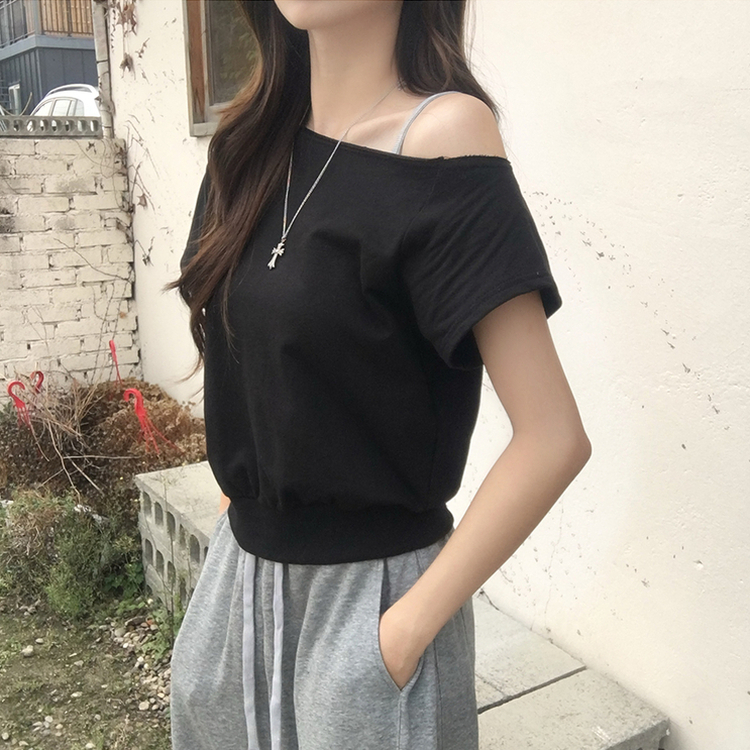 홀리 오프숄더 사선 언발 여름 반팔 티셔츠 오버핏 보트넥 반팔티 맨투맨 루즈핏 데일리 상의 3color 블랙