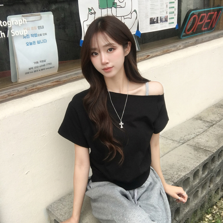 홀리 오프숄더 사선 언발 여름 반팔 티셔츠 오버핏 보트넥 반팔티 맨투맨 루즈핏 데일리 상의 3color 블랙