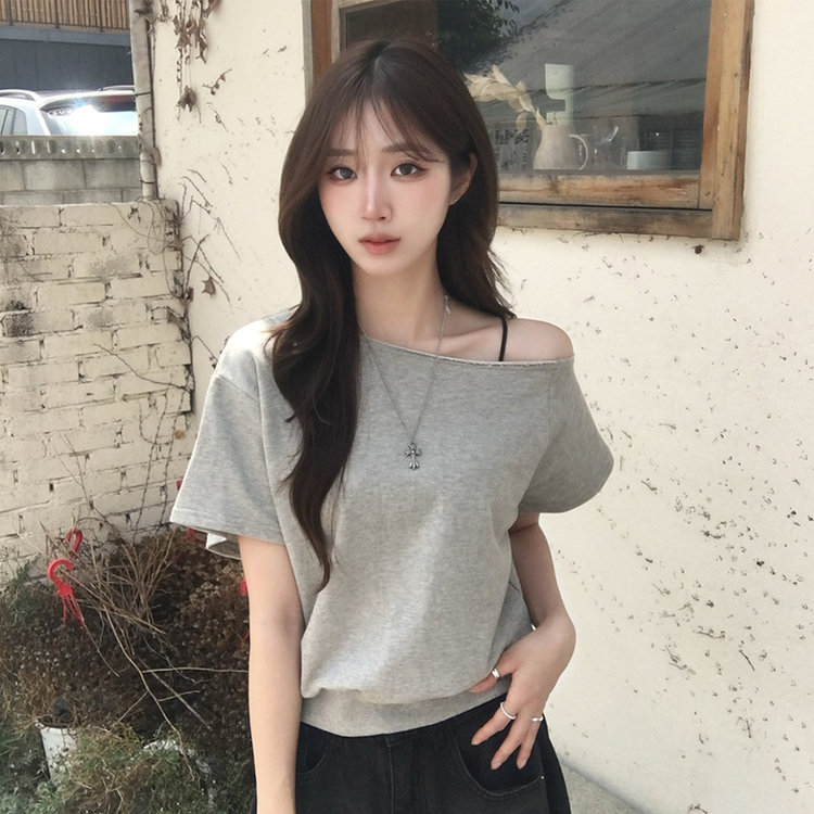 홀리 오프숄더 사선 언발 여름 반팔 티셔츠 오버핏 보트넥 반팔티 맨투맨 루즈핏 데일리 상의 3color 그레이
