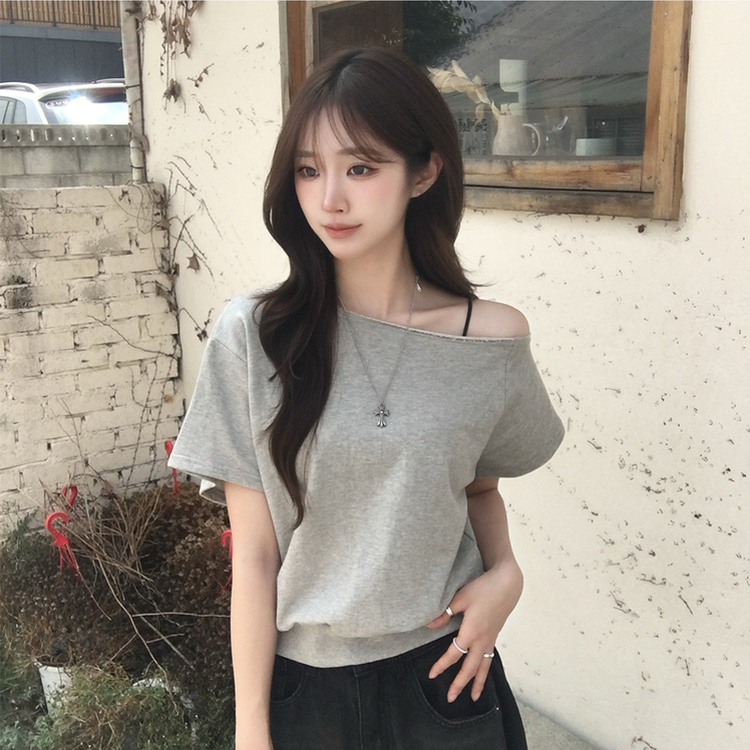 홀리 오프숄더 사선 언발 여름 반팔 티셔츠 오버핏 보트넥 반팔티 맨투맨 루즈핏 데일리 상의 3color 그레이