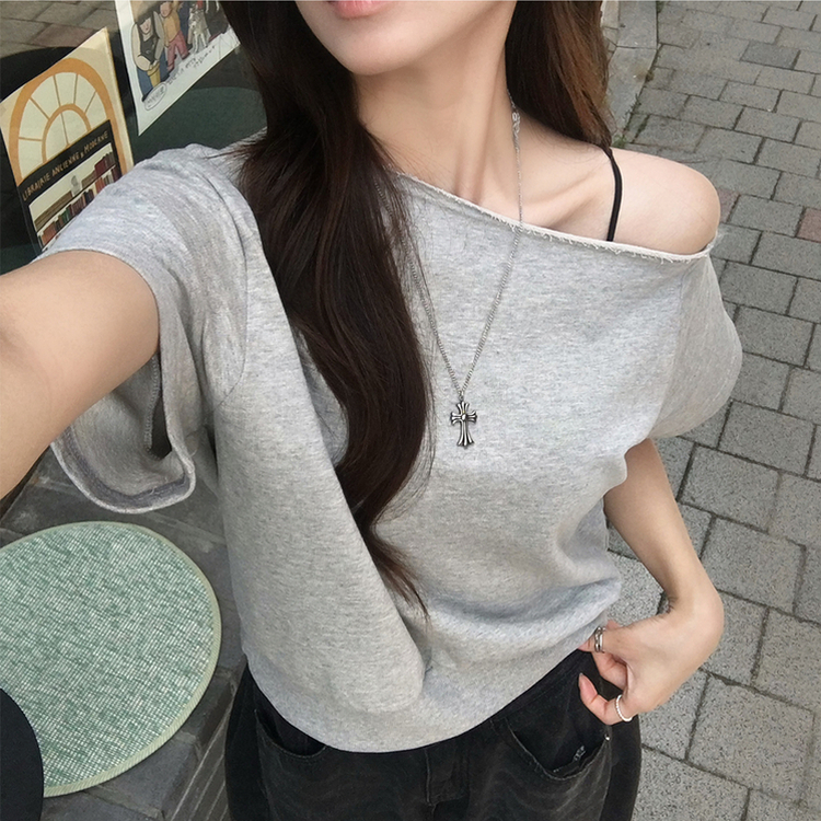 홀리 오프숄더 사선 언발 여름 반팔 티셔츠 오버핏 보트넥 반팔티 맨투맨 루즈핏 데일리 상의 3color 그레이