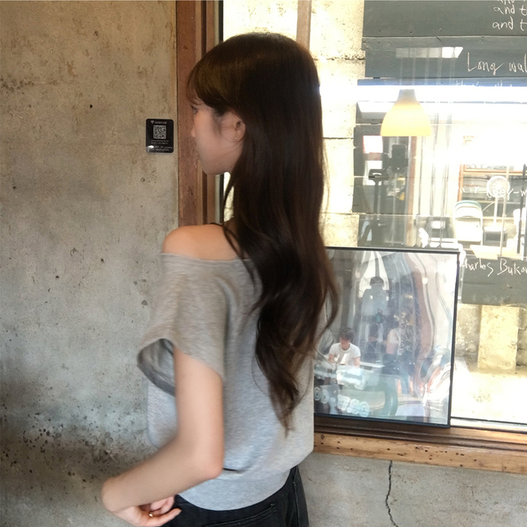 홀리 오프숄더 사선 언발 여름 반팔 티셔츠 오버핏 보트넥 반팔티 맨투맨 루즈핏 데일리 상의 3color 그레이