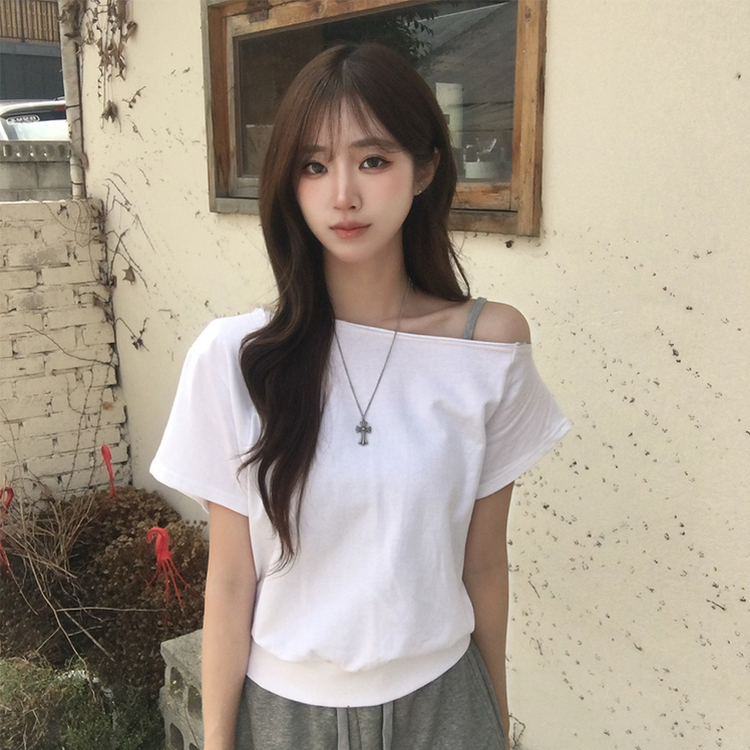 홀리 오프숄더 사선 언발 여름 반팔 티셔츠 오버핏 보트넥 반팔티 맨투맨 루즈핏 데일리 상의 3color 화이트