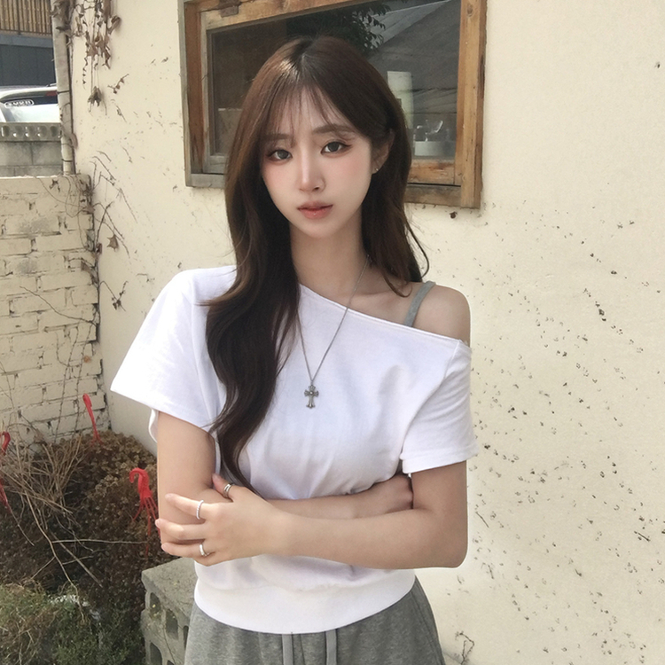 홀리 오프숄더 사선 언발 여름 반팔 티셔츠 오버핏 보트넥 반팔티 맨투맨 루즈핏 데일리 상의 3color 화이트