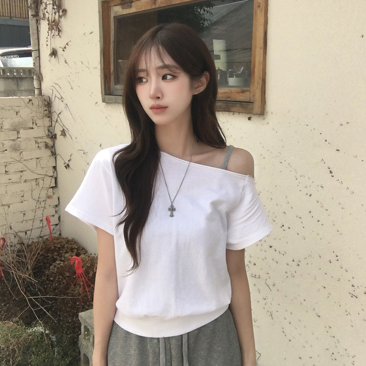 홀리 오프숄더 사선 언발 여름 반팔 티셔츠 오버핏 보트넥 반팔티 맨투맨 루즈핏 데일리 상의 3color 화이트