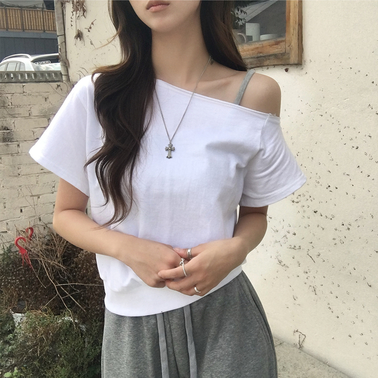 홀리 오프숄더 사선 언발 여름 반팔 티셔츠 오버핏 보트넥 반팔티 맨투맨 루즈핏 데일리 상의 3color 화이트