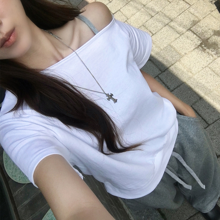 홀리 오프숄더 사선 언발 여름 반팔 티셔츠 오버핏 보트넥 반팔티 맨투맨 루즈핏 데일리 상의 3color 화이트