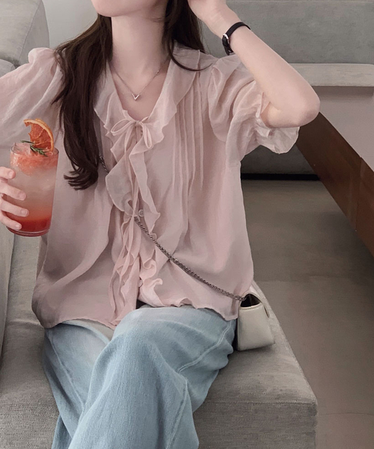 사랑스러움을 블라우스로 만든다면멜로아 셔링 퍼프 반팔 썸머 루즈핏 리본 블라우스 핑크
