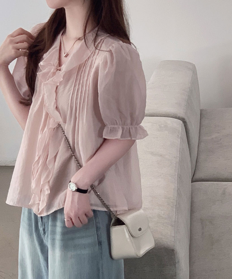 사랑스러움을 블라우스로 만든다면멜로아 셔링 퍼프 반팔 썸머 루즈핏 리본 블라우스 핑크