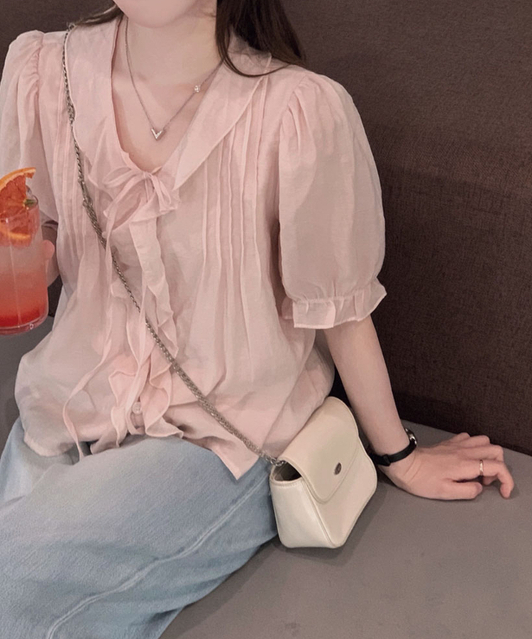 사랑스러움을 블라우스로 만든다면멜로아 셔링 퍼프 반팔 썸머 루즈핏 리본 블라우스 핑크