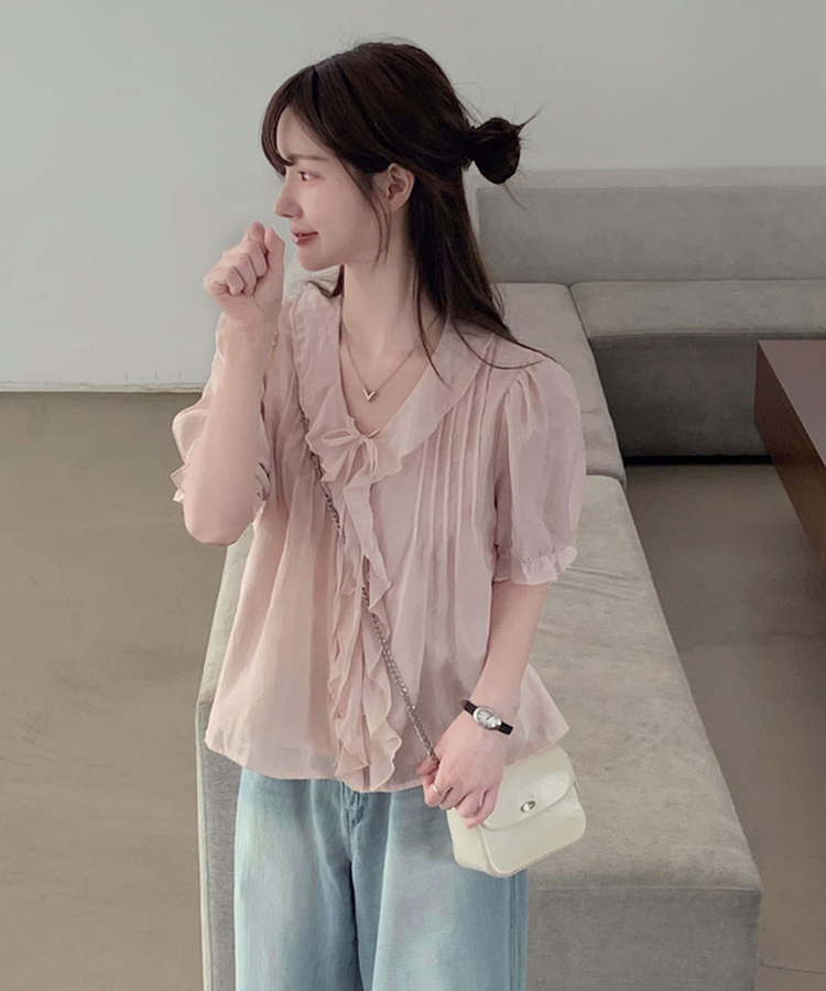 사랑스러움을 블라우스로 만든다면멜로아 셔링 퍼프 반팔 썸머 루즈핏 리본 블라우스 핑크