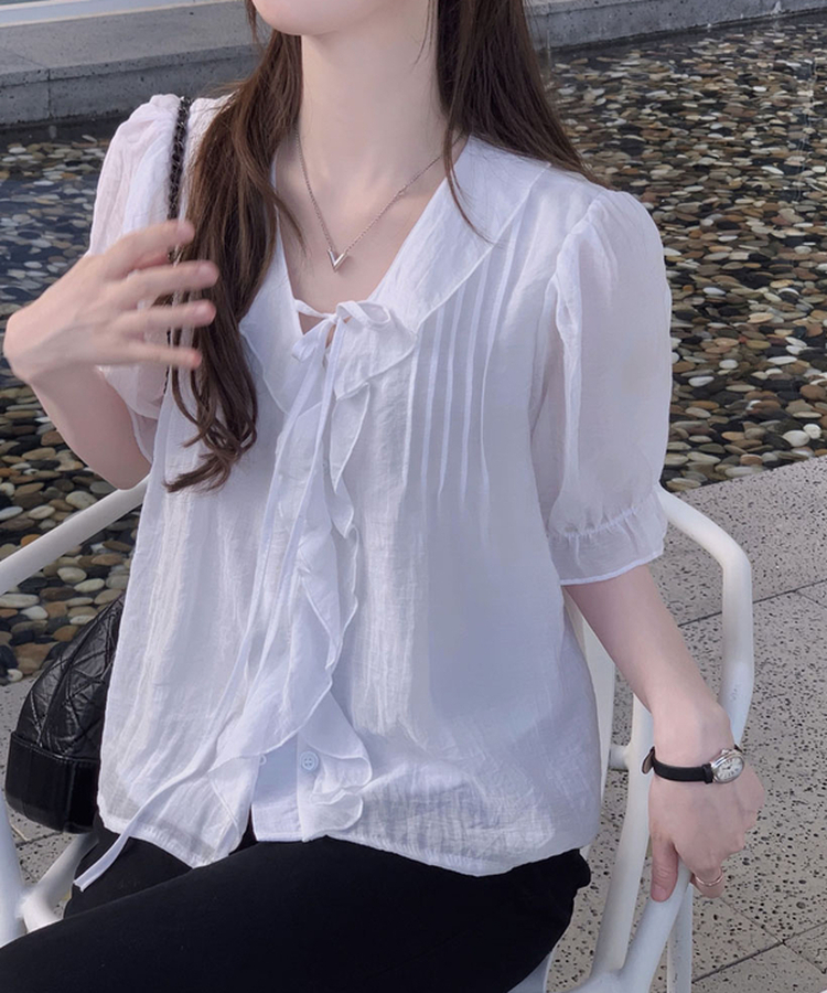 사랑스러움을 블라우스로 만든다면멜로아 셔링 퍼프 반팔 썸머 루즈핏 리본 블라우스 아이보리